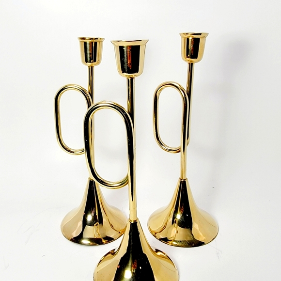 Other - Set of 3 Brass Horn Candlesticks MCM Christmas Vtg